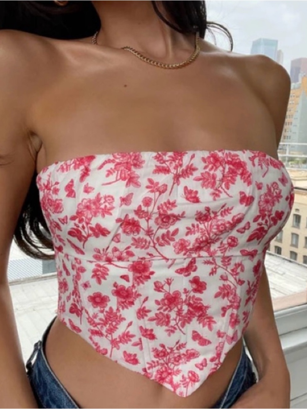 Princess Polly White Strapless Corset Top with Pink Floral Motif